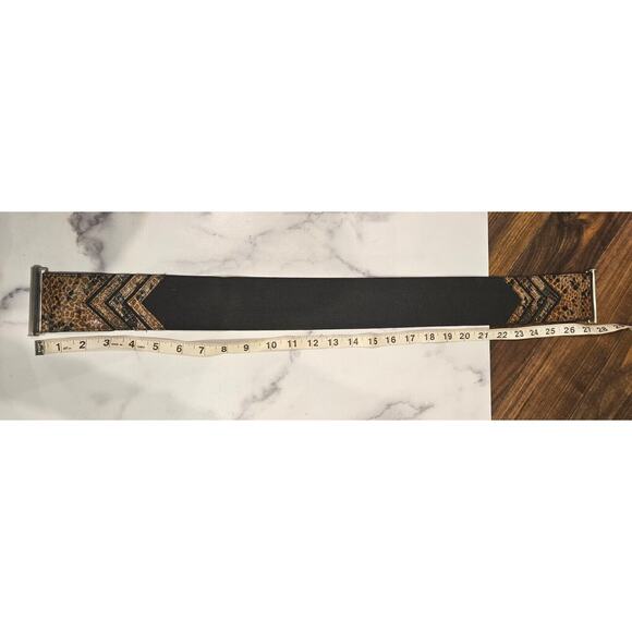Vintage Womens Belt Brown Tan Black Snakeskin Elastic Waist Cincher Arrow Silver - Picture 9 of 9